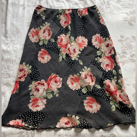 Vintage Pull On Black Patchwork Rose Polka Dot Slip Skirt 6 Romantic Fairycore - Picture 1 of 7